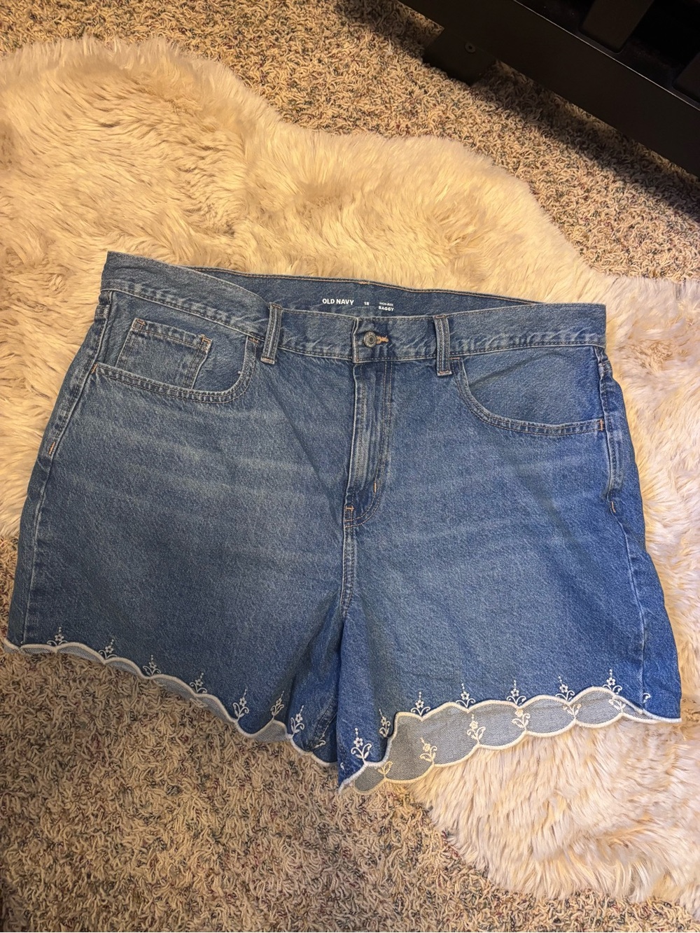 Old Navy Blue Denim Shorts with Scalloped Embroidered Hem